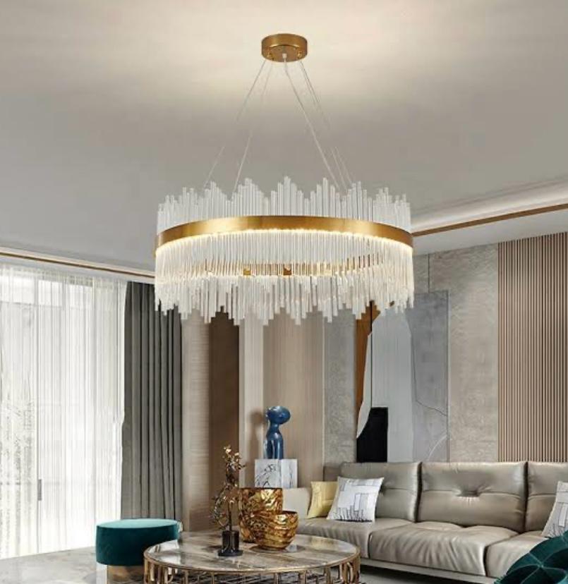 AHUJA INTERNATIONAL Raindrop Luxury Crystal Round LED Pendant Lamp Gold Chandelier Ceiling Light