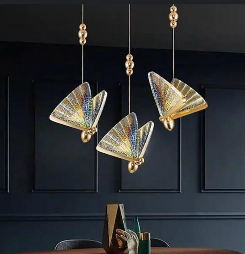 AHUJA INTERNATIONAL LED Butterfly Bedside Hanging Pendant Ceiling Lamp Light Fixture - Multicolor, Light Gold