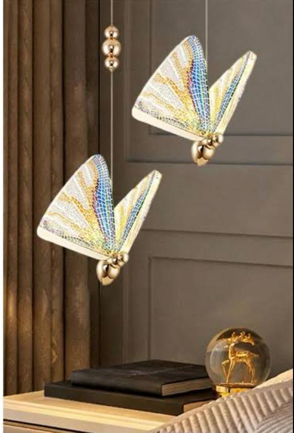 AHUJA INTERNATIONAL LED Butterfly Bedside Hanging Pendant Ceiling Lamp Light Fixture - Multicolor, Light Gold