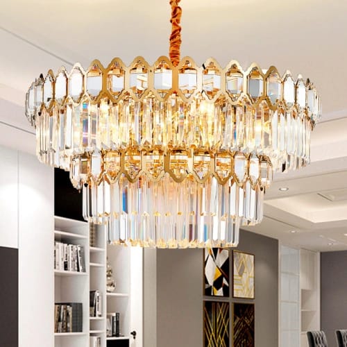 Ahuja International New Design Modern Clear Crystal Pendant Light Golden Chandelier for Banquet Hall Living Room Villa Dining Room