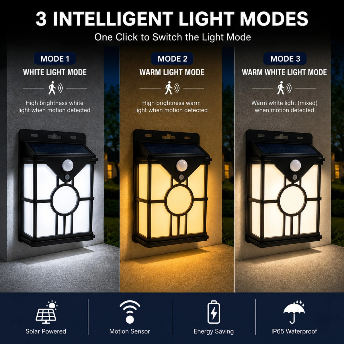 AHUJA INTERNATIONAL Solar Wall Lights Outdoor, Wireless Dusk to Dawn Porch, Lantern with 3 Modes & Motion Sensor, Waterproof Exterior Lighting with Clear Panel for Entryway Outdoor Warm White Pack of 1