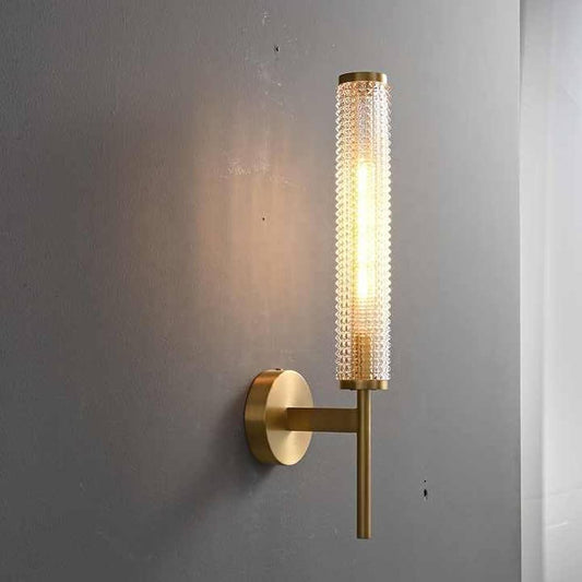Ahuja International Modern Luxury Brass Crystal Long Column Straight Arm LED Wall Sconce Lamp