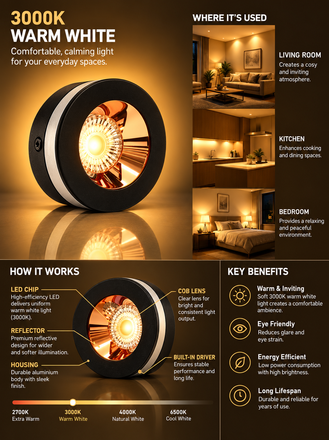 AHUJA INTERNATIONAL 5W Surface Light Black Rose Gold Spotlight Aluminium Decorative Light for Wall Cabinets Showcases Shelves & Interior Lighting Warm White 2 Year Warranty Pack of 1