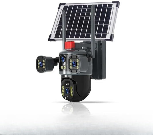 AHUJA INTERNATIONAL Eye Sim 3 View Solar Double 4G/5G Wireless Security CCTV Camera with Solar Panel Dual 2MP FHD Lens Night Vision, Human Detection, 10000mAh Battery, 2-Way Audio, IP66 V380 Pro App