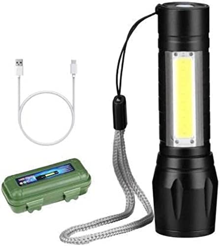 AHUJA INTERNATIONAL LED Flashlight with Box USB Rechargeable 3 Modes Focus Zoom Torch Tactical Flashlight with Hanging Rope for Emergency & Activity