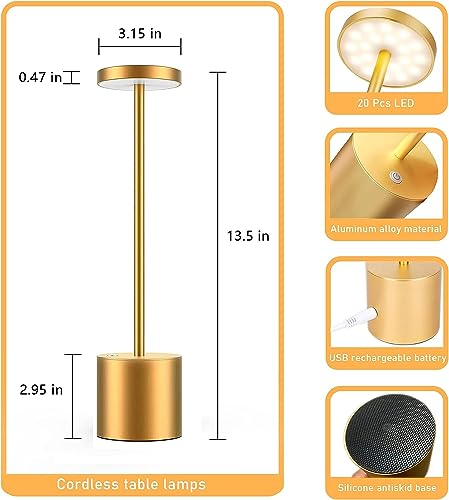 AHUJA INTERNATIONAL Long Bar Cordless Table Lamp, Rechargeable,Dimmable Small Table lamp for Bedside Lamp/Livingroom/ReadiLng/Bars/Outdoor/Home Patio Light/Restaurant (Height 13.5 inch) Gold