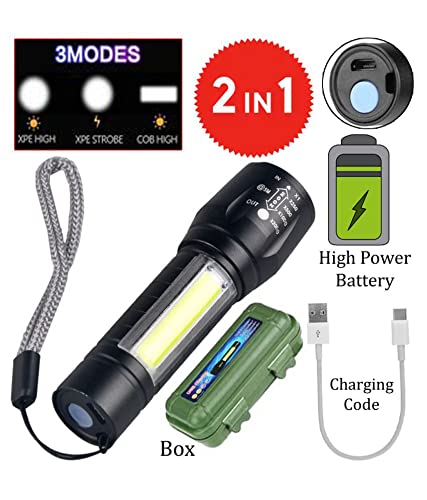 AHUJA INTERNATIONAL LED Flashlight with Box USB Rechargeable 3 Modes Focus Zoom Torch Tactical Flashlight with Hanging Rope for Emergency & Activity