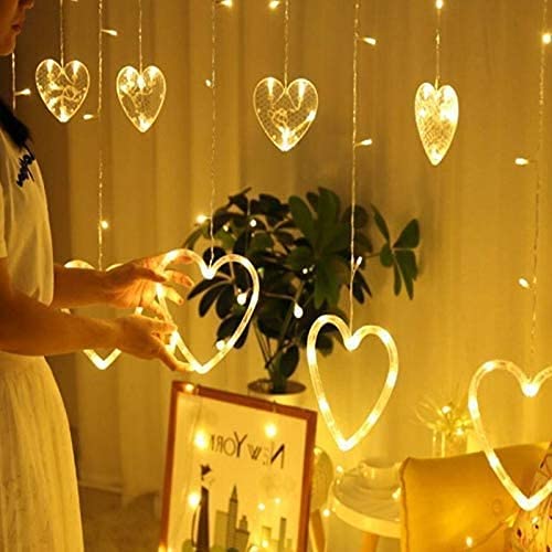 Ahuja International Heart Curtain LED String Light,12 Golden Hearts with 138 LED Waterproof String LED Lights for Home Decoration ,Diwali,Christmas,Wedding, Birthday Light with 8 Mode (Warm White)