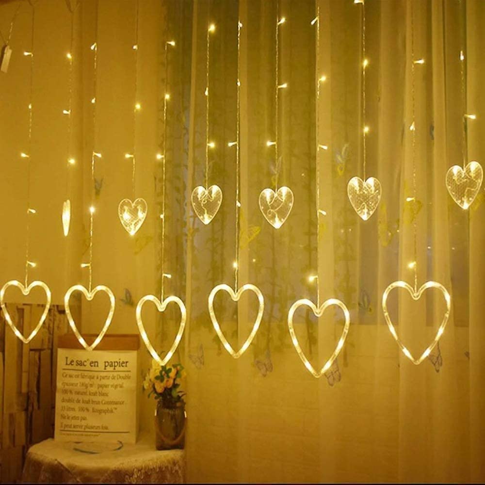 Ahuja International Heart Curtain LED String Light,12 Golden Hearts with 138 LED Waterproof String LED Lights for Home Decoration ,Diwali,Christmas,Wedding, Birthday Light with 8 Mode (Warm White)