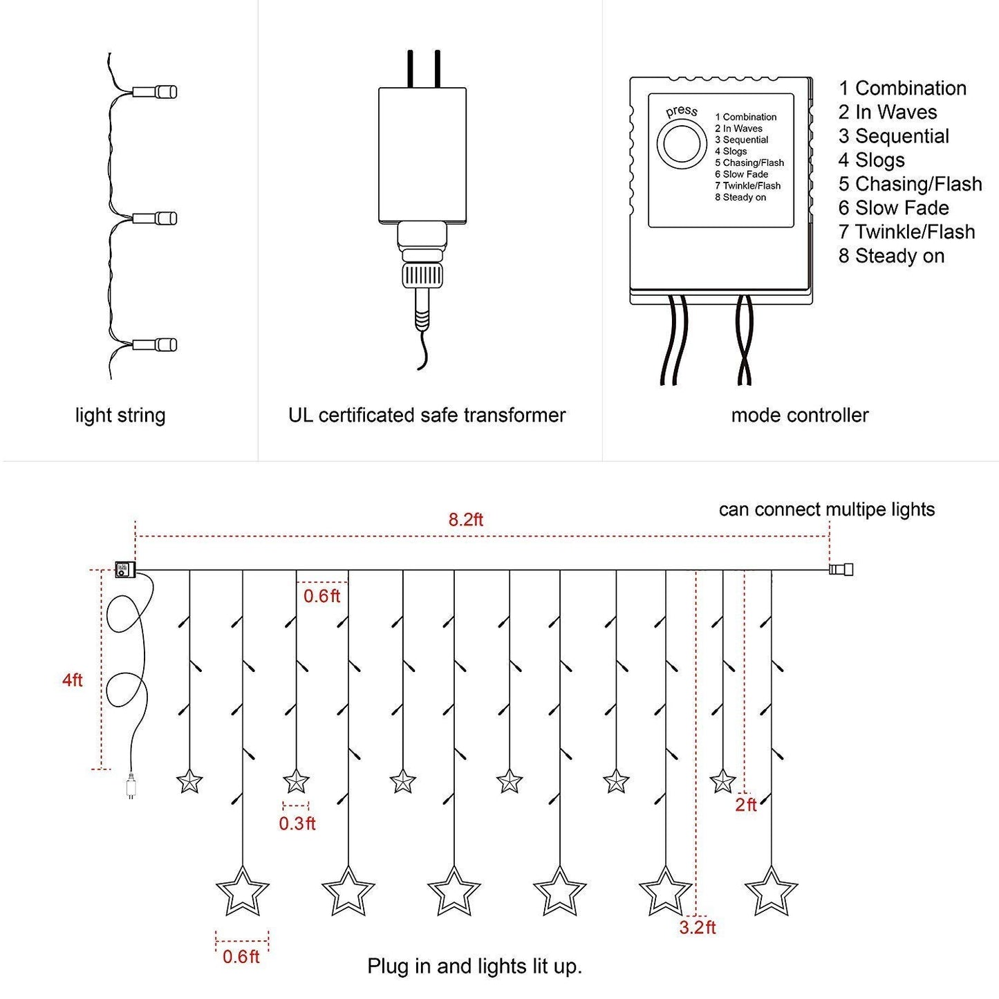 Ahuja International 12 Stars 138 LED Curtain String Lights Window Curtain Lights with 8 Flashing Modes Decoration for Christmas, Wedding, Party, Home, Patio Lawn Warm White (138 LED - Star)